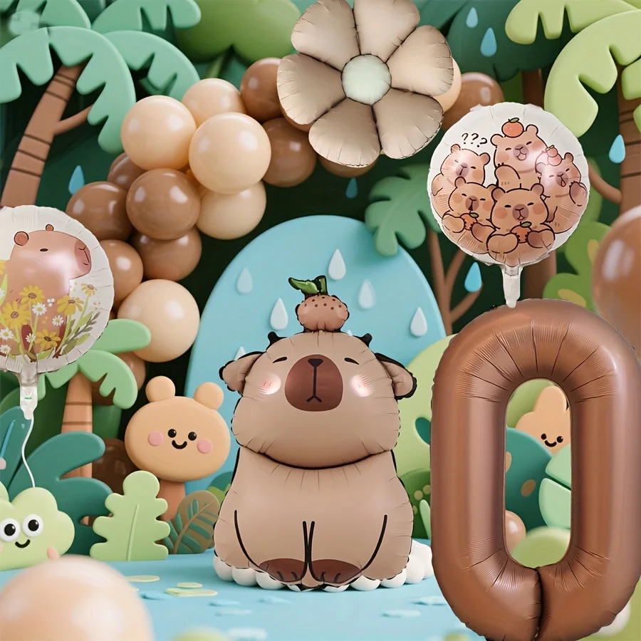 5 Stück Cartoon-Tier-Capybara-Gänseblümchen-Themenballons Kindergeburtstags-Party-Dekoration 32 Zoll Kaffee-Farbene Zahlen-Folienballons Babyparty-Geschenke – Detail 2