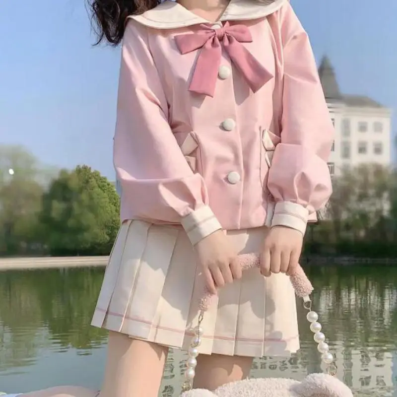 Lolita Cosplay Costumes Japanese Harajuku Kawaii Lolita Jk Women Girl Sweet Cute Cat Sailor Collar Bow Lace-up Suit Set Student Girly Clothing Tops