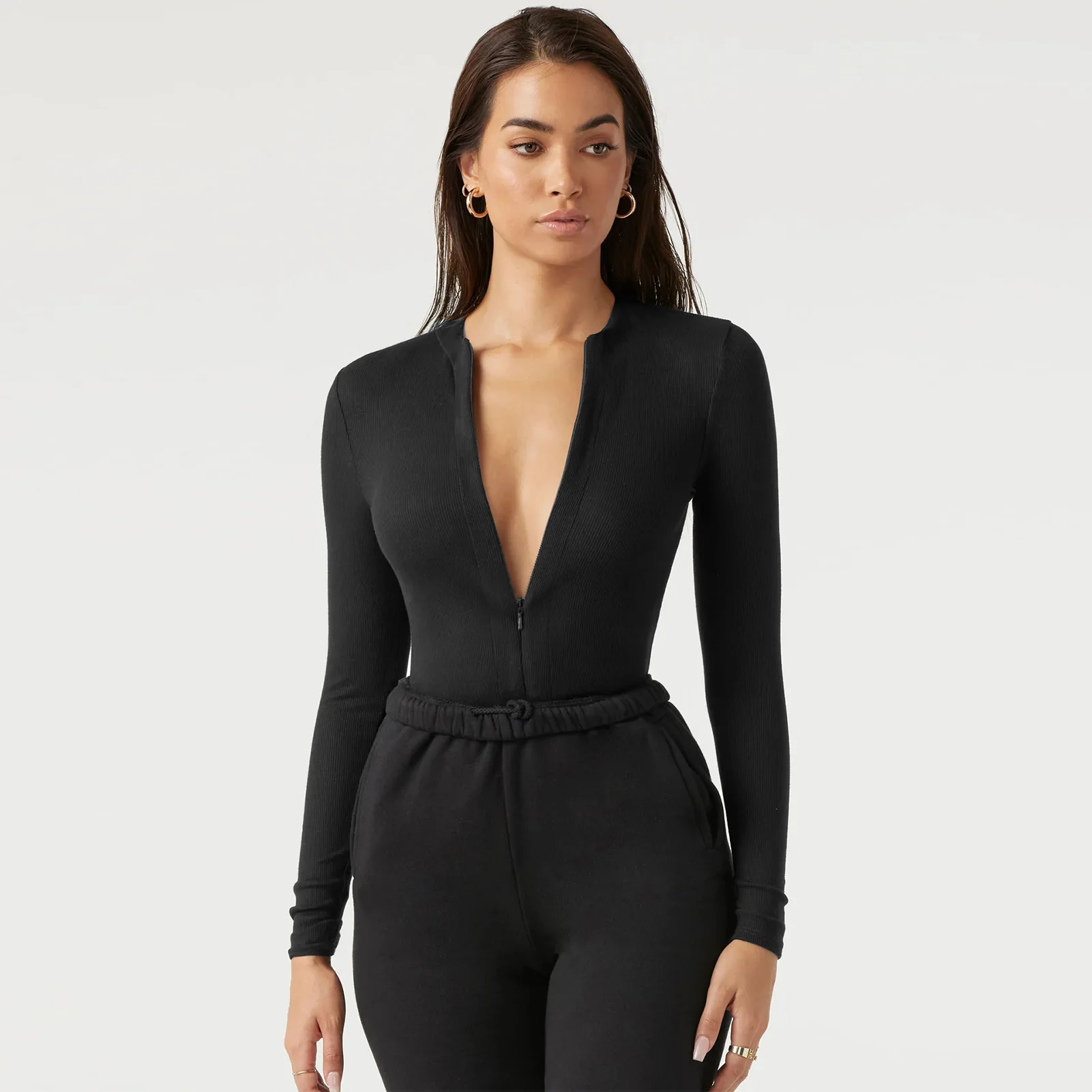Jumpsuits tight knits jumpsuits versatile zip-up tops three-point pants bodycon womens clothing