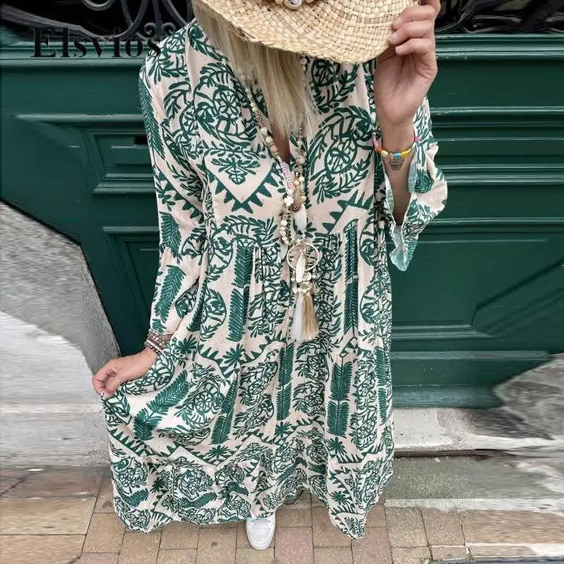 

Casual Flare Sleeve Autumn Beach Pullover Dress Women Fashion V Neck Long Party Dresses Bohemia Geometry Print Loose Shirt Dress