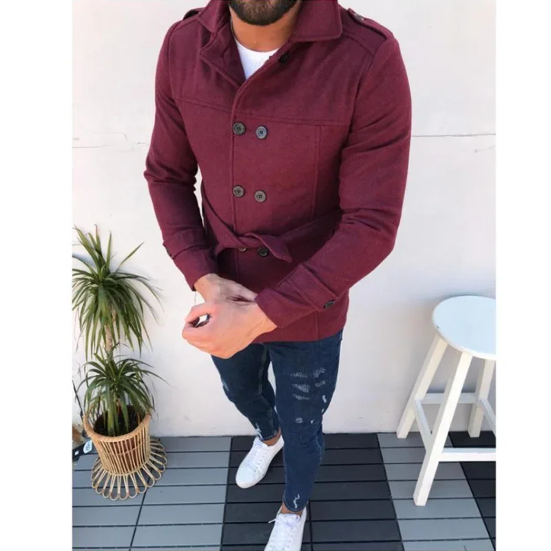 Description Picture 5 of itemMens Coat Belt Long Sleeve Windbreaker Double-breasted Woolen Overcoat Autumn Winter Male Cardigan Jaqueta Masculina