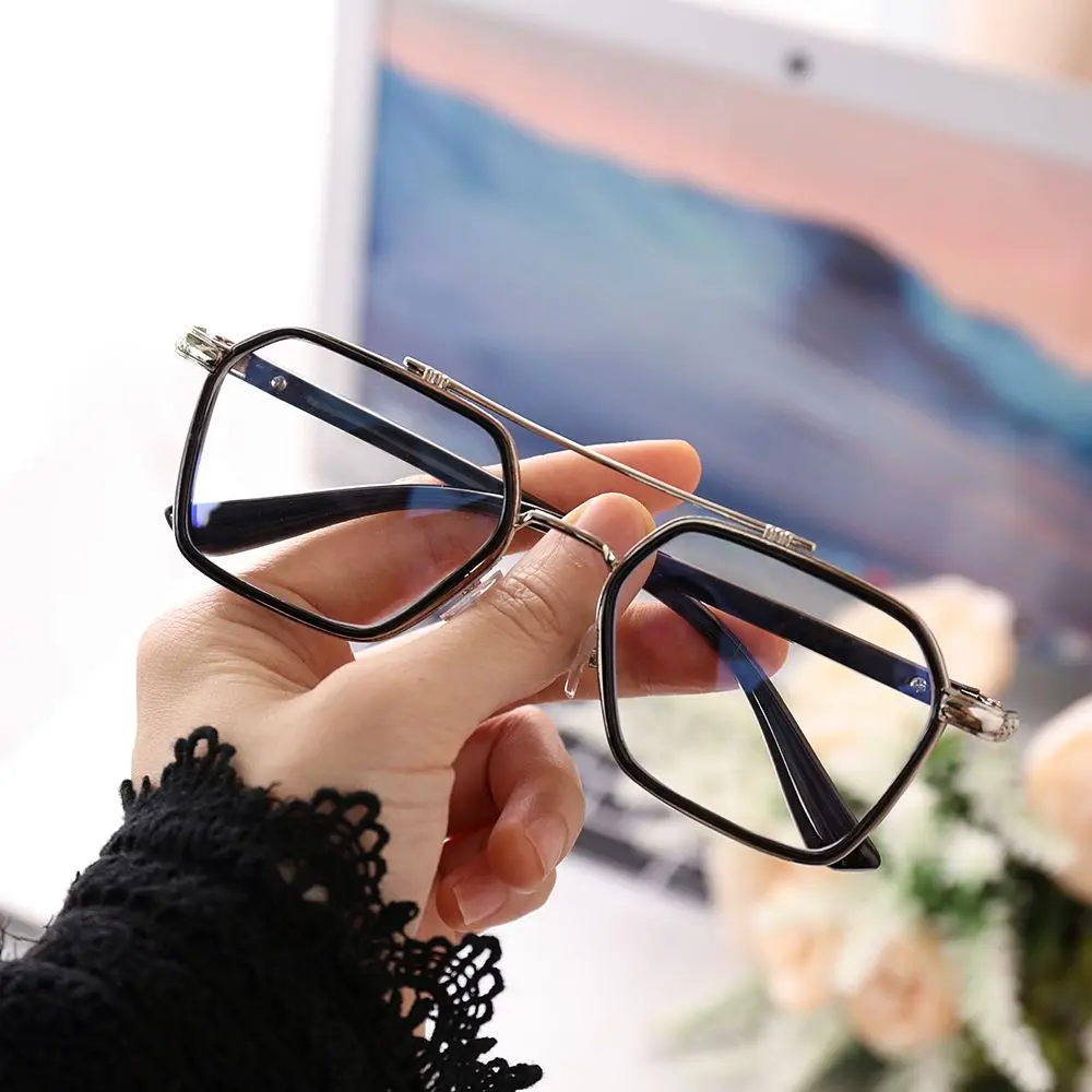 

Retro Fashion Double Beam Polygon Anti Blue Light Glasses For Men Women Transparent Finish Prescription Eyeglasses