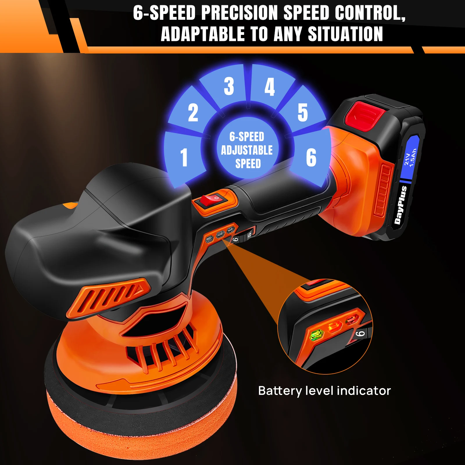 DayPlus Digitalanzeige Akku-Autopuffer-Poliermaschinen-Set, 2 Batterien, 6 Geschwindigkeiten, tragbarer Polierwachser zum Wachsen – Detail 3