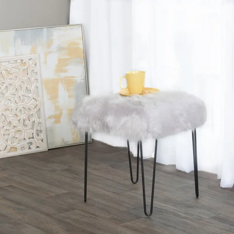 

Luxurious Faux Fur Square Gray Stool