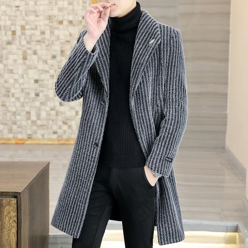 

Woolen Coat Men's Mid-length 2023 Autumn and Winter New Slim-fit Coat Youth Imitation Mink Velvet Business Casual Trench Coat