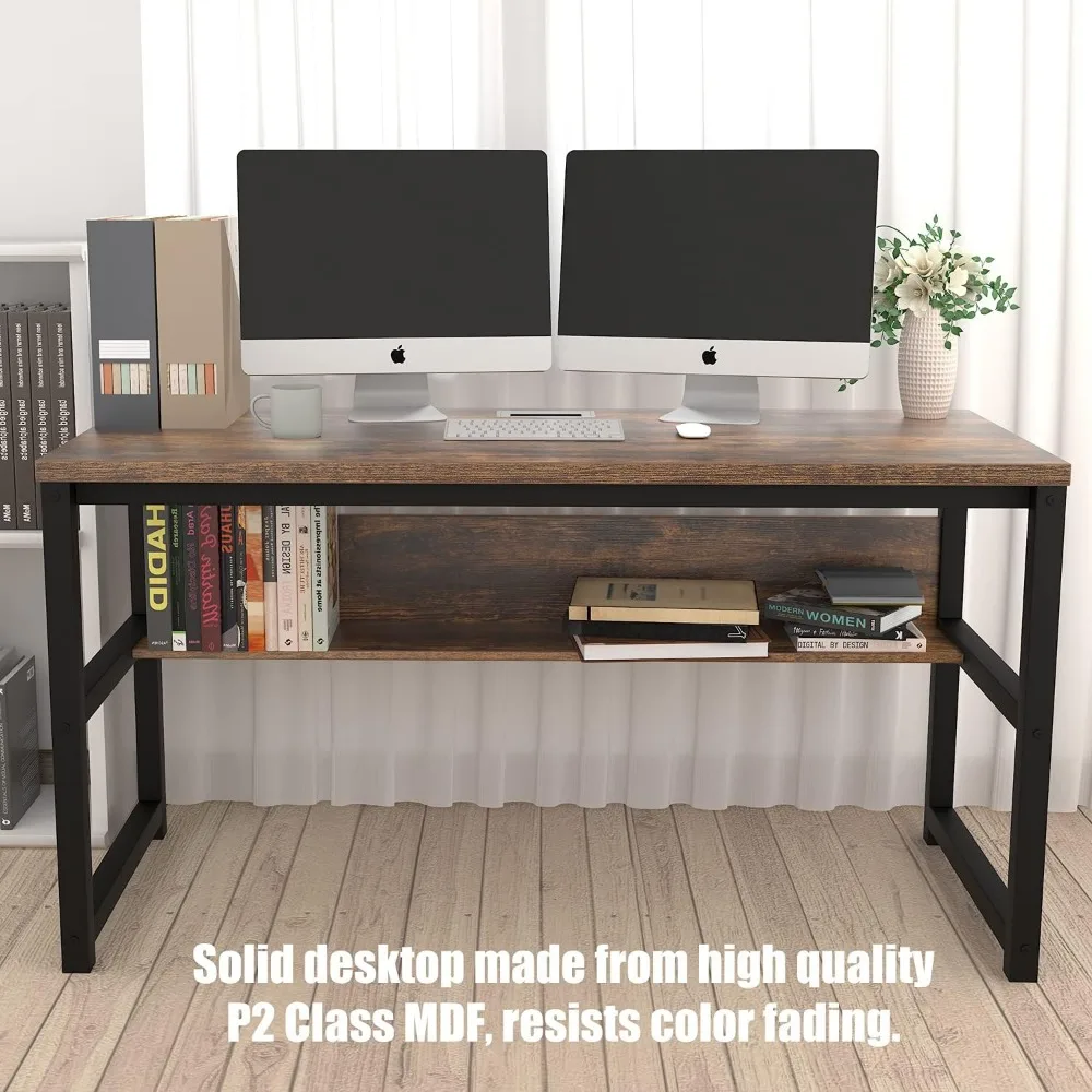 Computer Desk with Bookshelf/Metal Hole Cable Cover 1.18" Thick Desk (55", Rustic Brown)