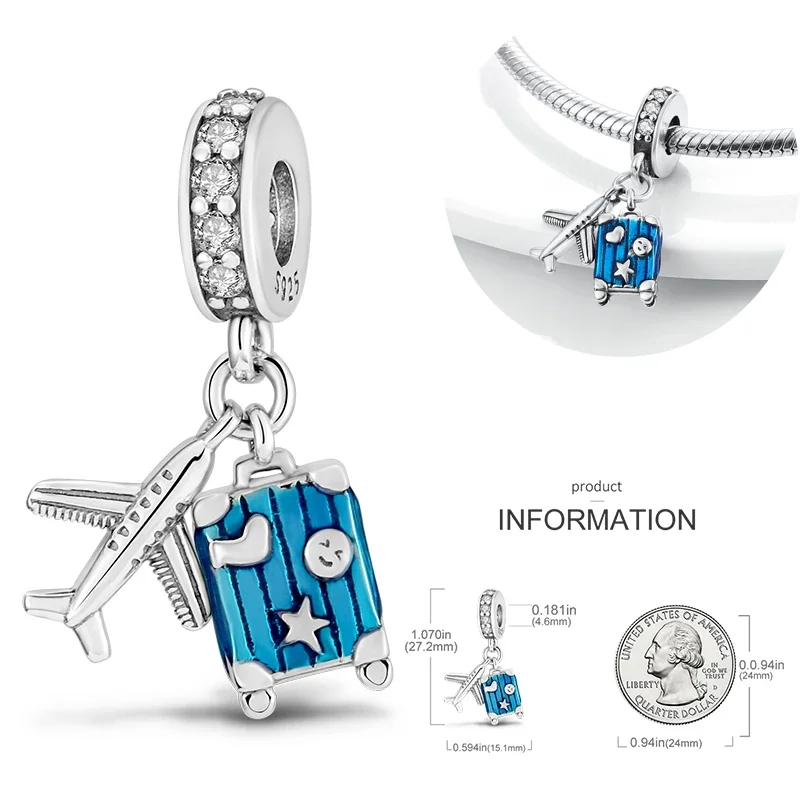 925 Sterling Silver Travel Passport Trunk Charms Fit Original Bracelet Diy Airplane Earth Beads for Jewelry Making Gift 4