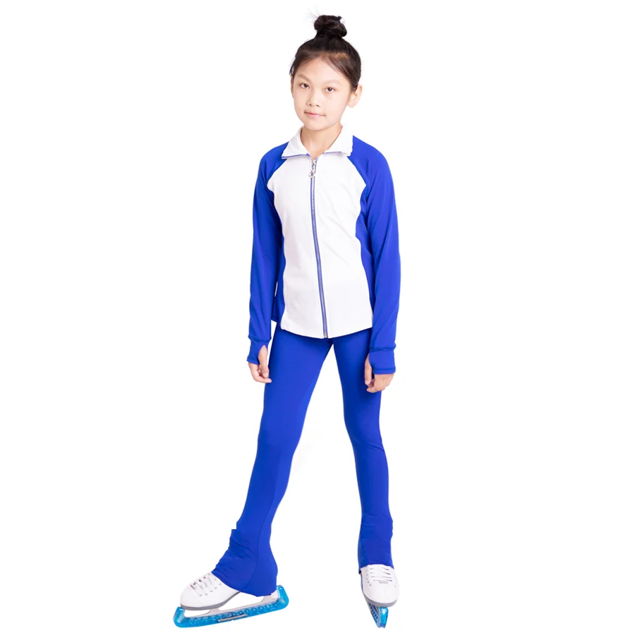 New Ice Figure Skating Jacket Pants Women Girl Trousers Top Black Teens Children Kids Colored Blue Rhinestones Training