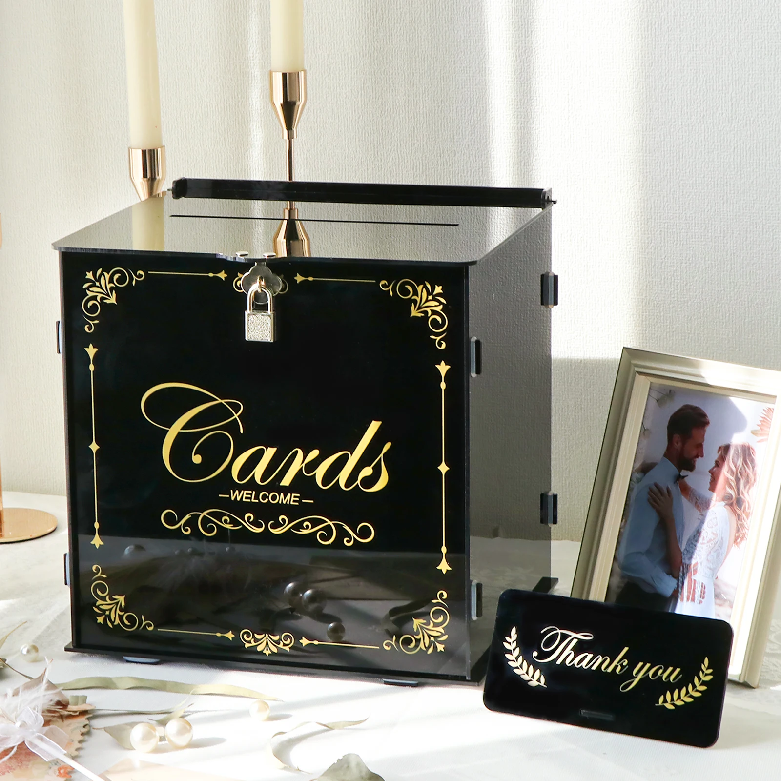 Black Acrylic Wedding Card Box Gift for Wedding Reception, DIY Wedding Envelope Money Card Box for Wedding Decorations