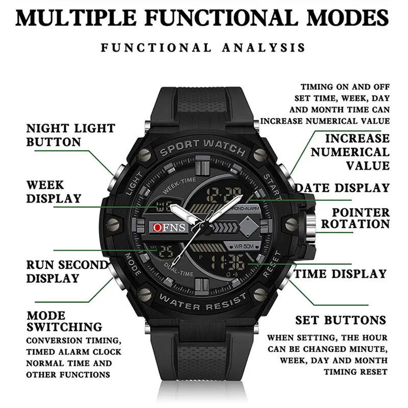 Men's Waterproof LED Sport Watch with Alarm and Dual Time Display