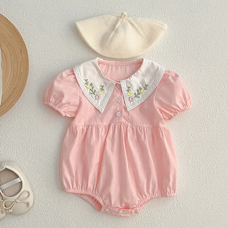 

2024 New Summer 0-24M Children Clothes Newborn Baby Romper Short Sleeved Cotton Flower Embroidery Toddler Baby Girls Jumpsuit