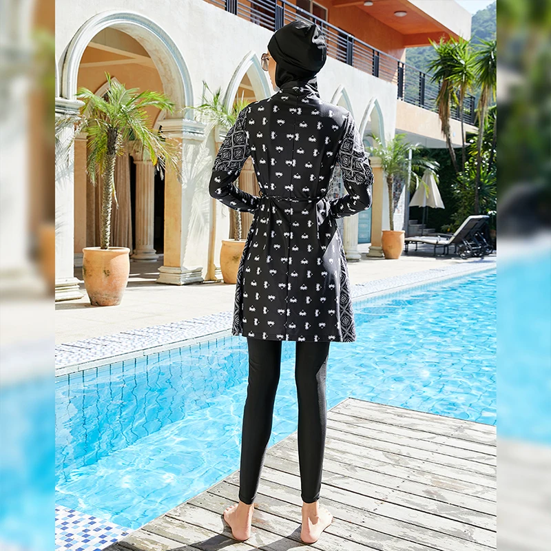 2022 New Fashion Muslim Femme Swimwear Islamic Burkini With Hijab Sleeve High Waist Printed Long Pants