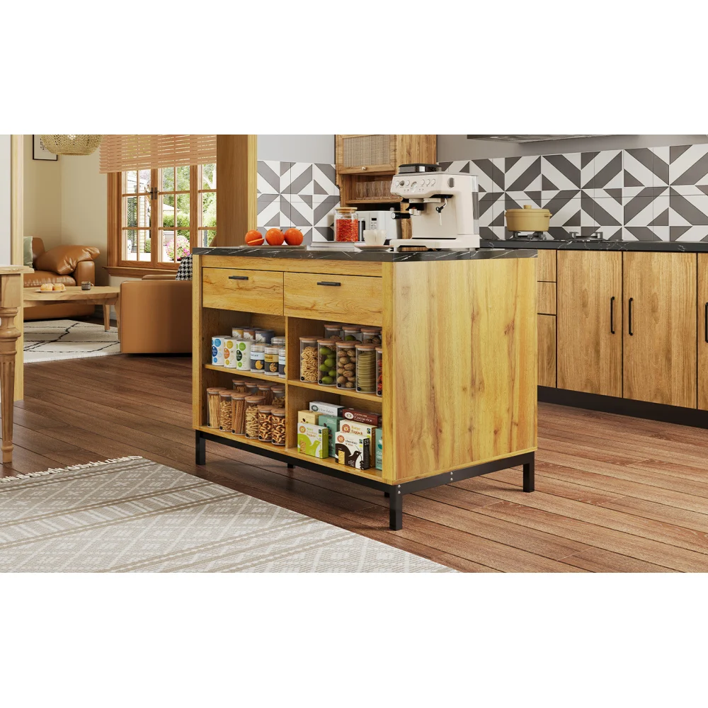 Kücheninsel im Landhausstil – Kücheninsel mit 2 Schubladen und 4 offenen Regalen, Eichenholzschnitzerei, Arbeitsplatte aus schwarzem Marmor – Detail 17