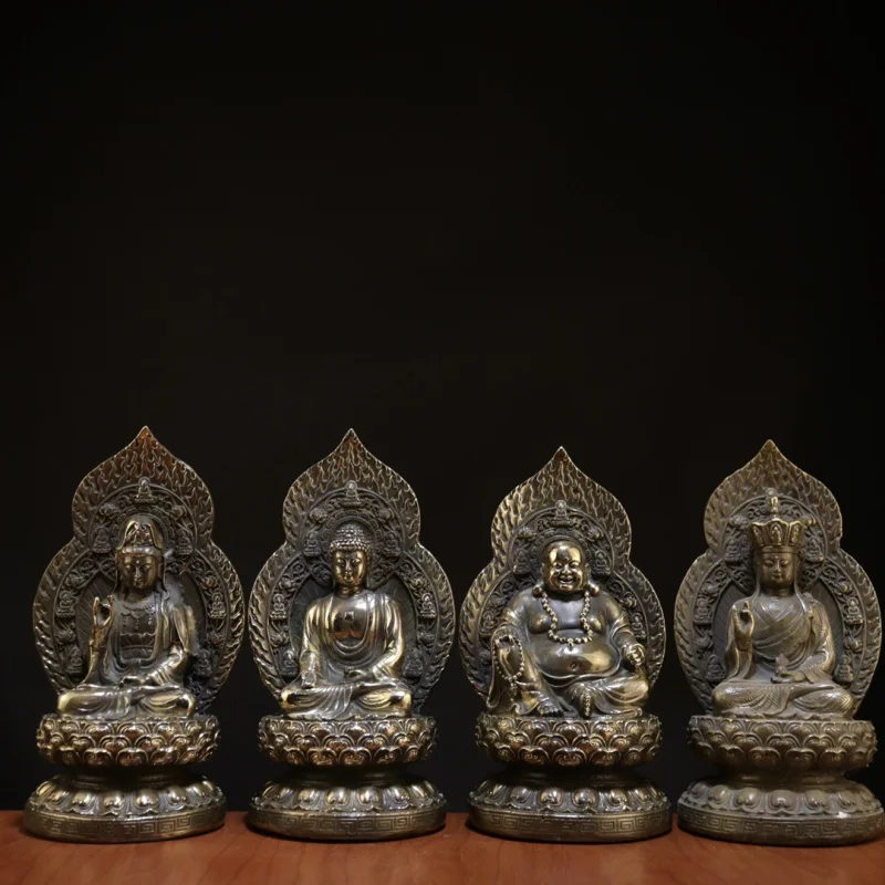 

Antique Brass Buddha Backlight Four Buddha Guanyin Earth-Hidden Buddha Maitreya Home Decorative Crafts Decoration Wholesale