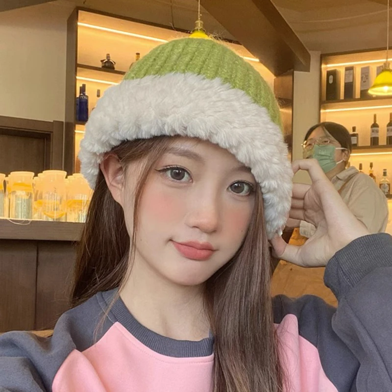 

Female Plush Bucket Hat Windproof Knitting Beanie Hat Women Winter Headpieces