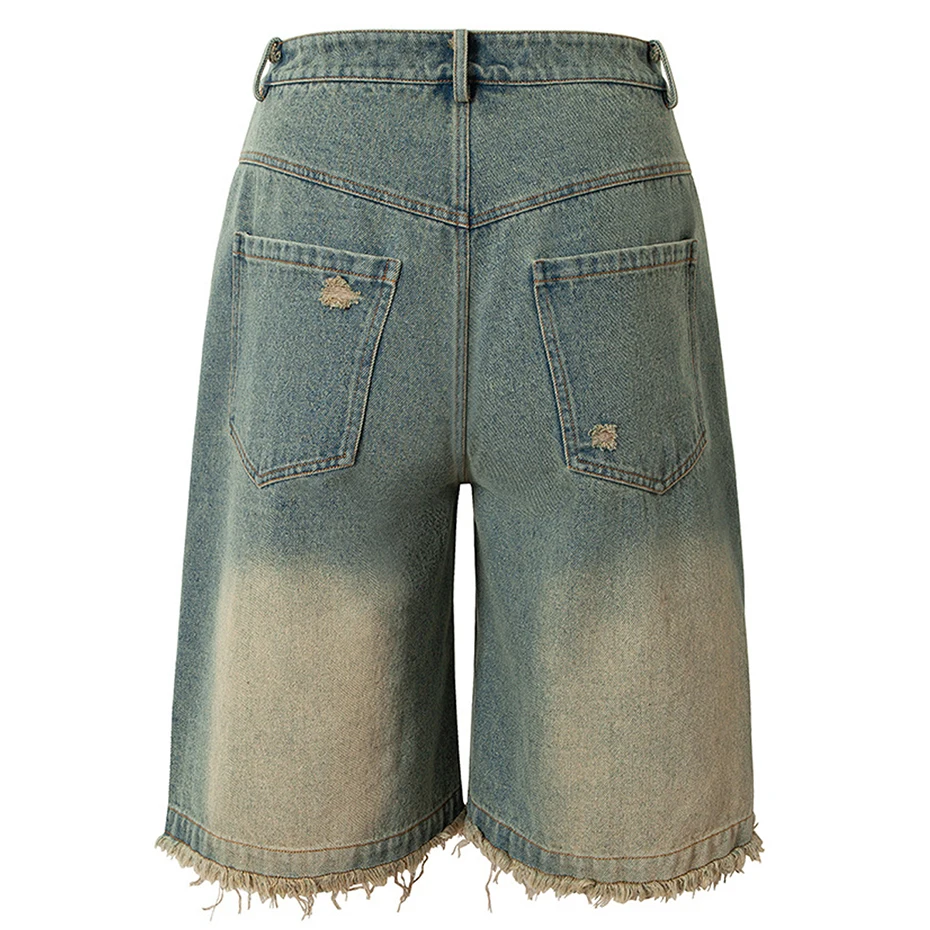 Vintage Men Denim Shorts Pokcet Patchwork Casual Loose Shorts Streetwear Harajuku Hip Hop