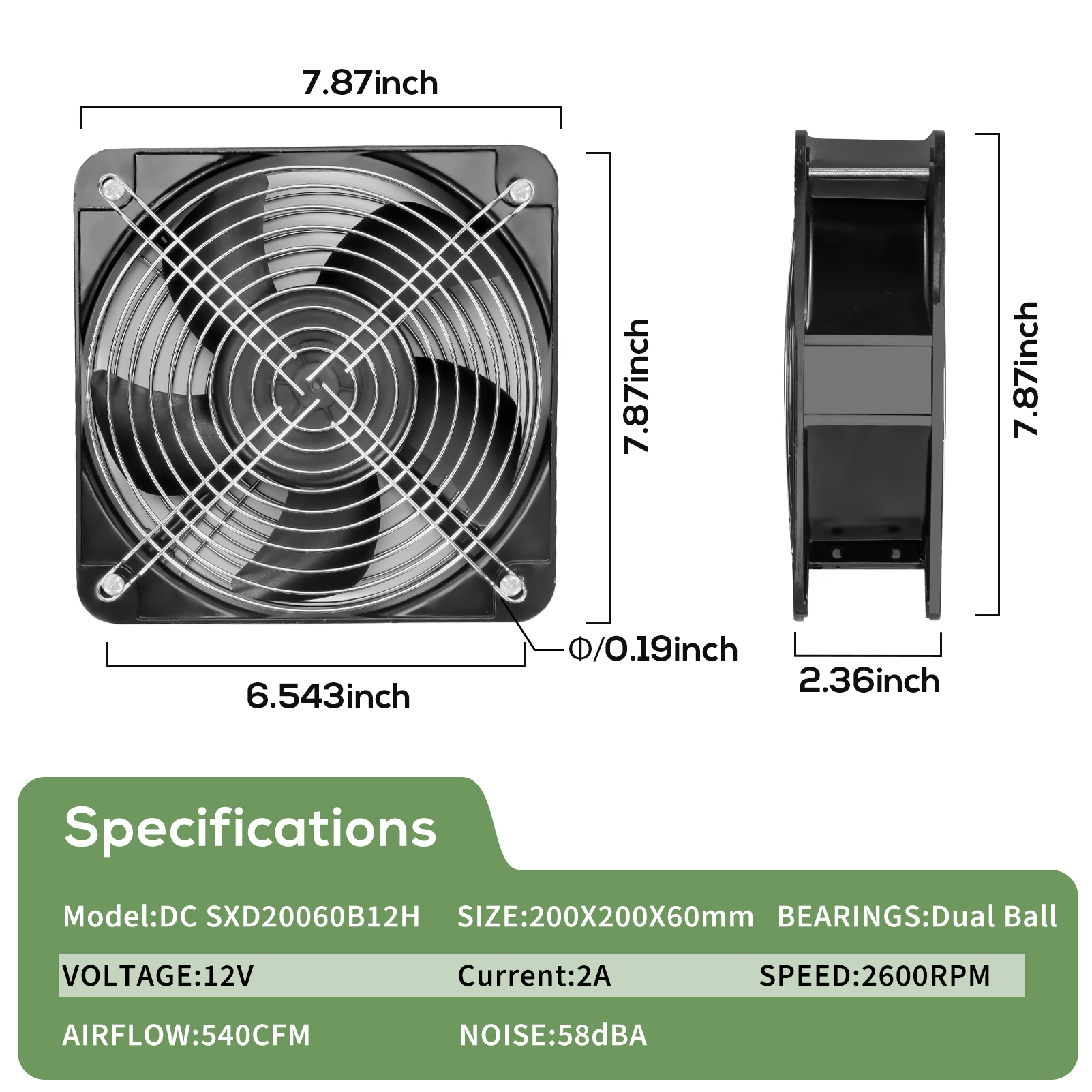 12v alto fluxo de ar 540cfm 200x60mm