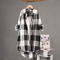 Chemise à carreaux à manches longues pour femmes, chemisiers décontractés, chemisier chic, lin, coton, vêtements à carreaux, Y 4