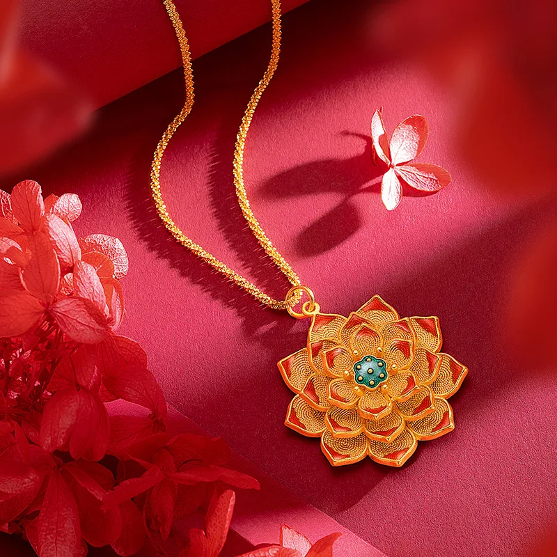 Pure 999 Gold Necklace Vintage Enamel Big Lotus Girl Clavicle Necklace Female 18k Lucky Gold Bead Pendant Valentine's Day Gifts