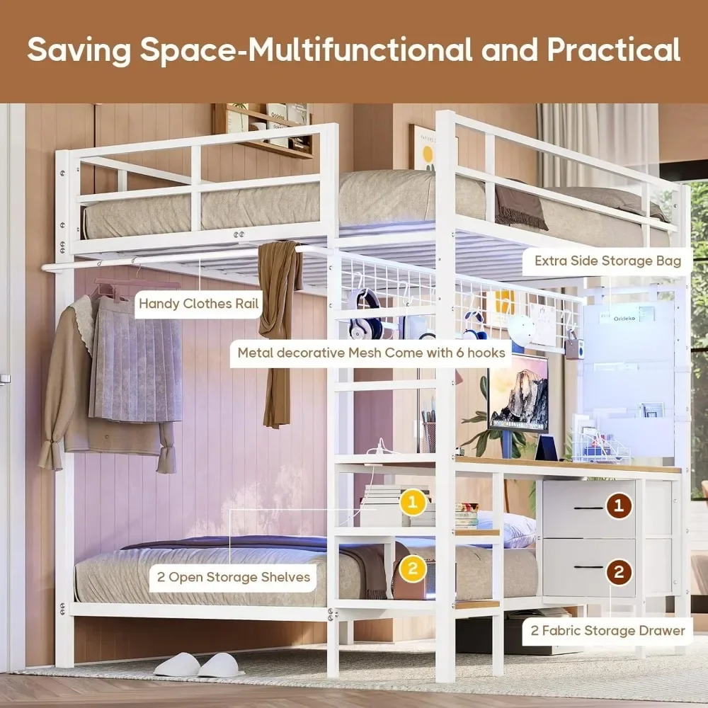 Full Over Twin Size Bunk Bed with Desk and Led Lights Storage Shelves and Drawers for Teen & Adults,Safety Guard Ladder Bunk Bed 5
