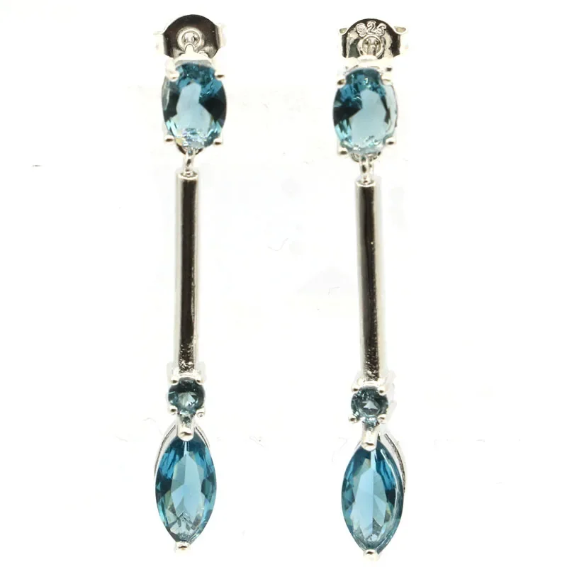 925 SOLID STERLING SILVER Customized Earrings 5.5g London Blue Topaz Green Emerald Woman's Present Eye Catching
