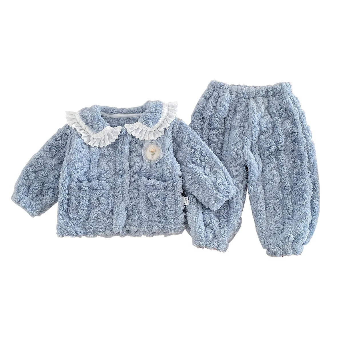Winter Baby Girls Pajamas Plus Velvet Thickened Warm Soft Infant Girls 2PCS Sleepwears Toddler Princess Homewears