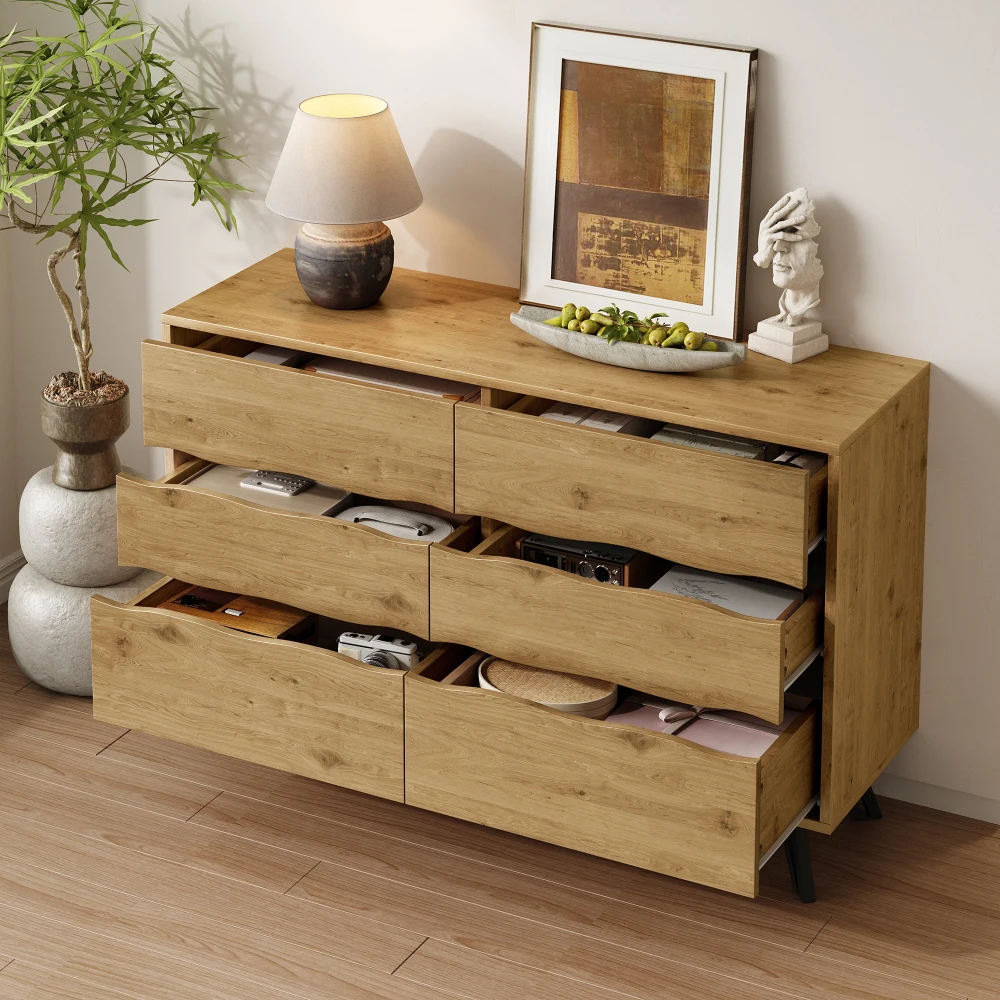 Moderner Sideboard-Schrank mit 6 Schubladen – Holzoptik, Metallfüße, viel Stauraum, minimalistisches Design, für Wohn- und Esszimmer – Detail 9