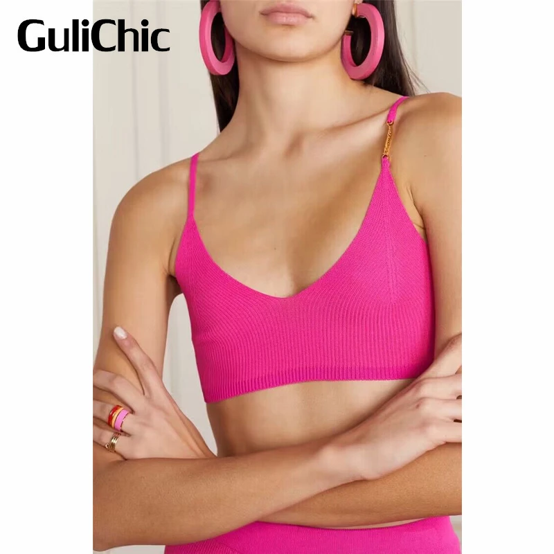 

6.23 GuliChic Women Holiday Summer Sexy V-Neck Backless Stretchy Knitted Spaghetti Strap Crop Tank Top