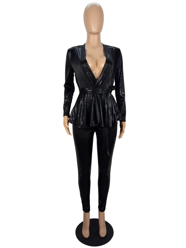 Wmstar Two Piece Set Women Clothing Party Sequins Sexy V Neck Top Leggings Matching Club Outfits Wholesale Dropshipping 2023