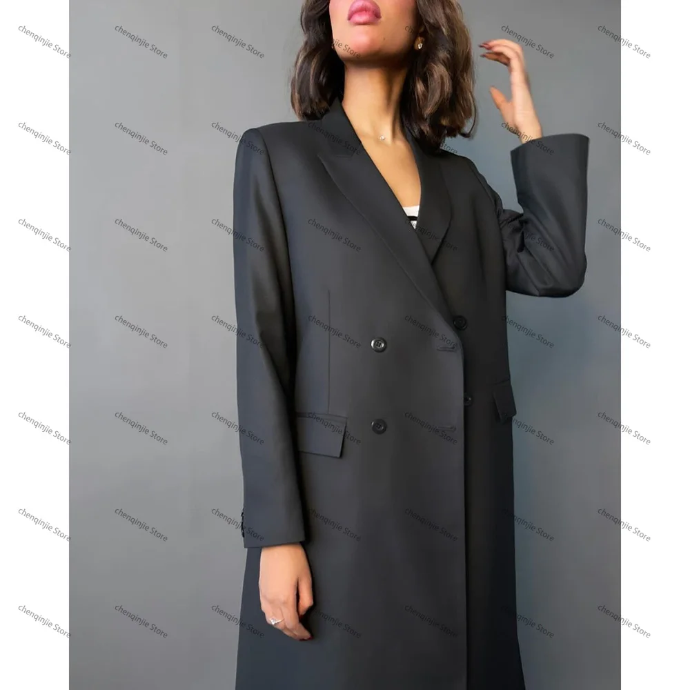 High End Black Double Breasted Luxury Abaya Blazer Women Suits Peak Lapel Chic Dubai Long Jacket 1 Piece Formal Business Outfits 4