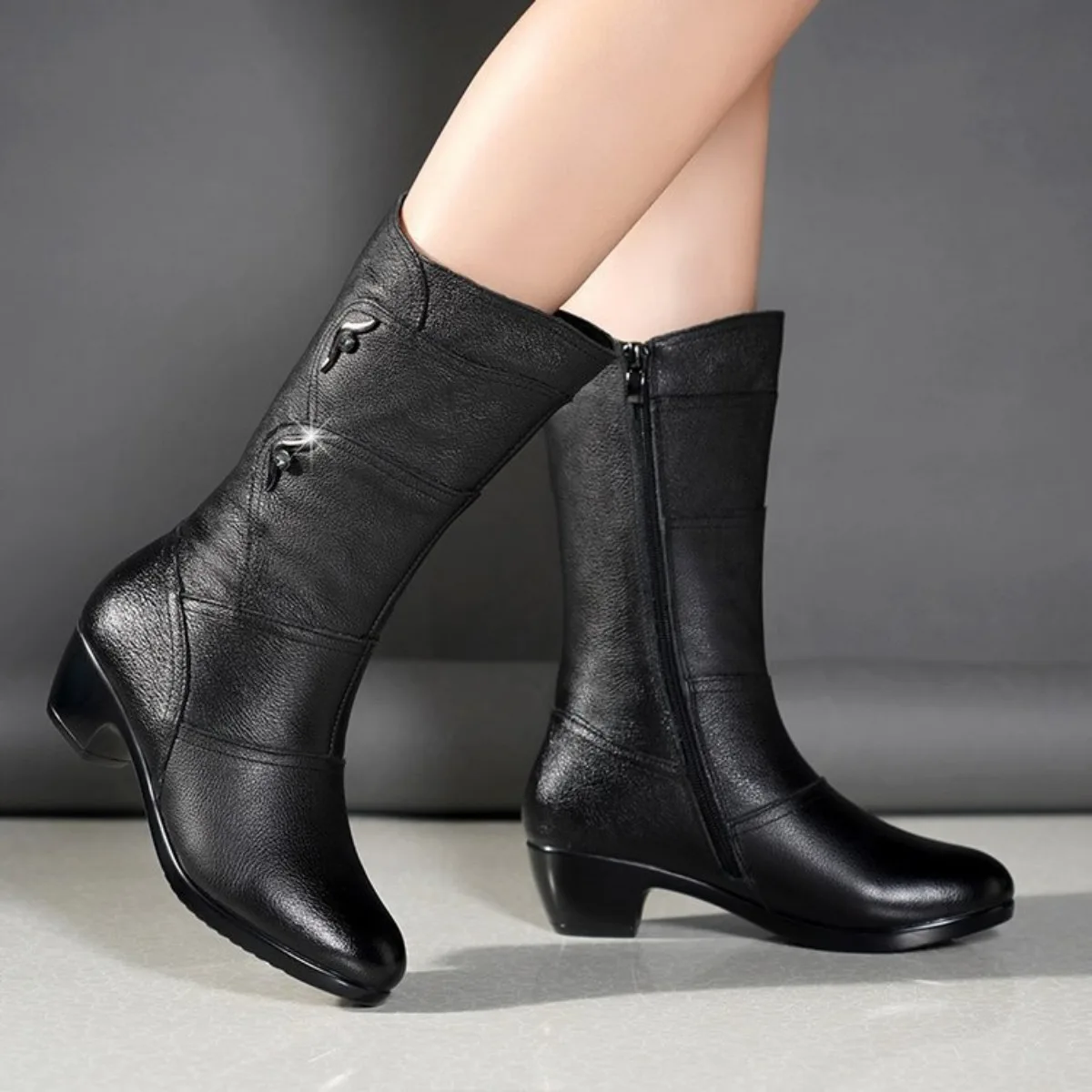 

Fashionable Women's Boots for Winter 2023 PU Leather All Black with High Heels Thick Sole Fashion Concise Casual Platform Shoes