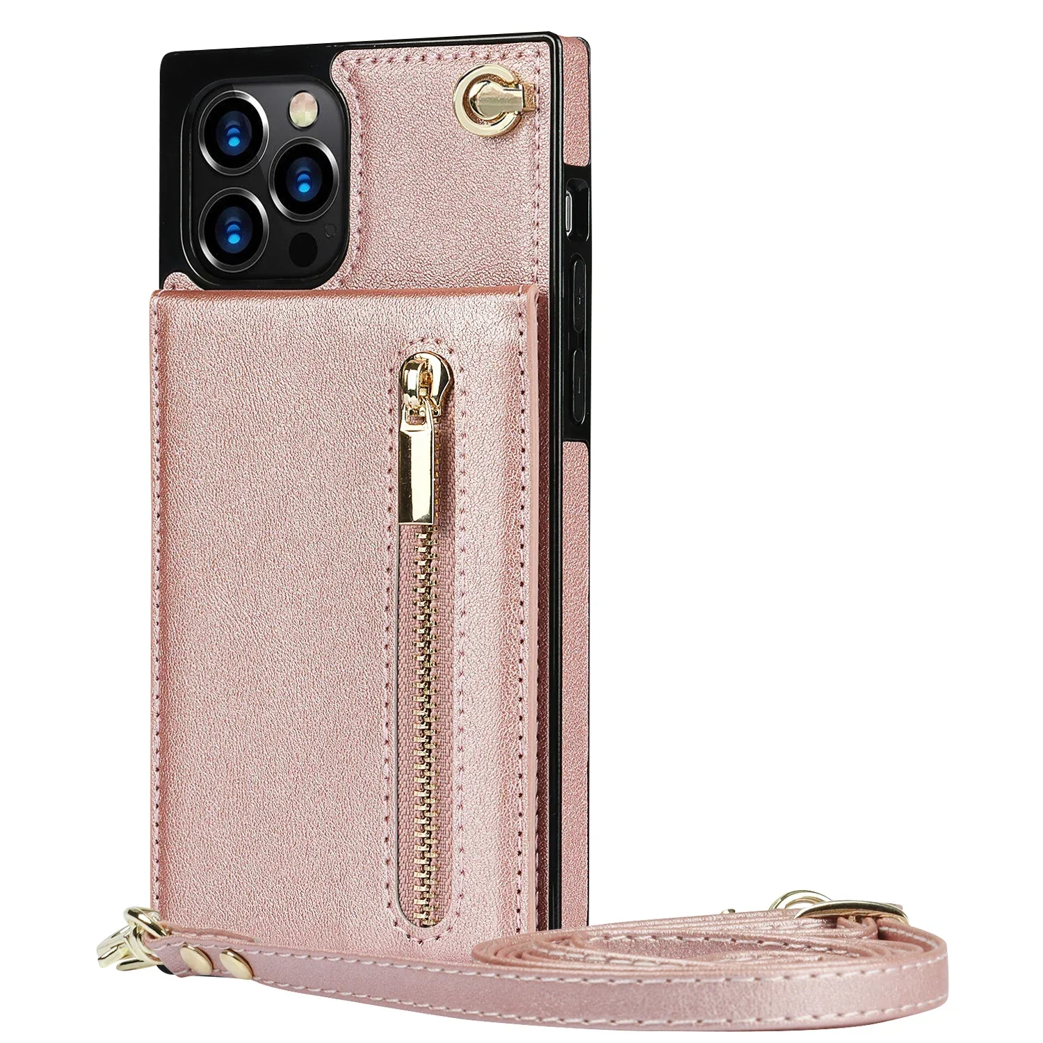 Leather Crossbody Zipper Wallet with Card Holder and Lanyard Strap
