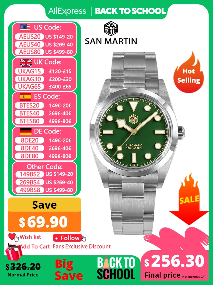 Mechanical Watch, San Martin Vintage 36mm BB36 Explore Climbing Series, Men and Couples Sport Watch, Automatic 10Bar