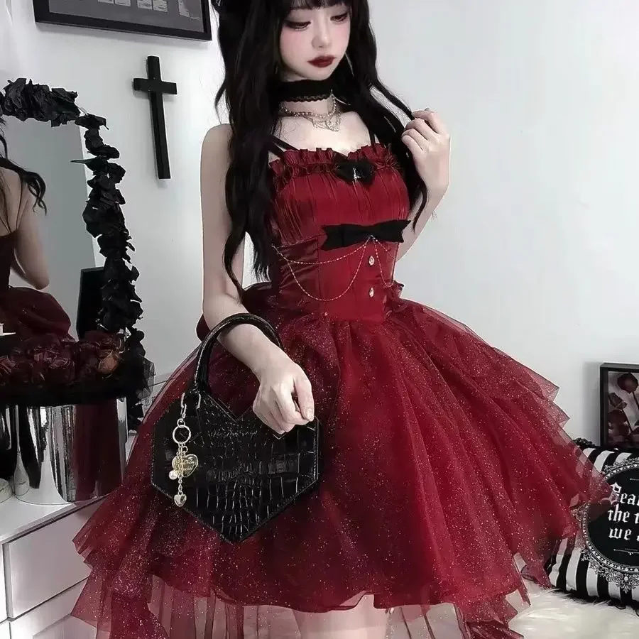 

Dark Gothic Lolita JSK Mini Dress Set Women Romantic Starry Sky Shinnig Princess Dress Fairy Sweet Bow Suspender Party Dresses