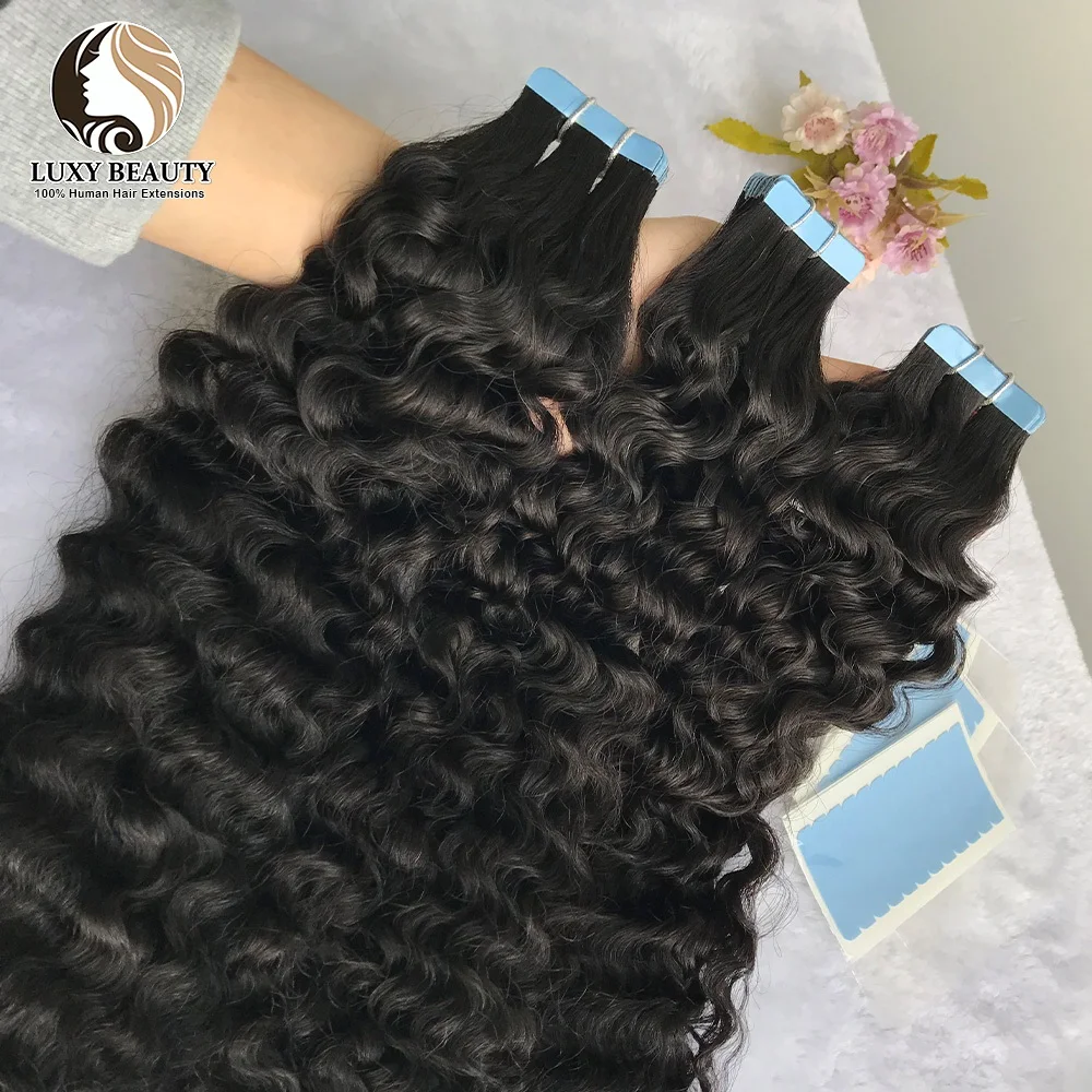 Water Wave Tape In Hair Extensions Brazilian Remy Human Hair for Black Women Natural Black Tape Ins Extensions 20pc/Pack
