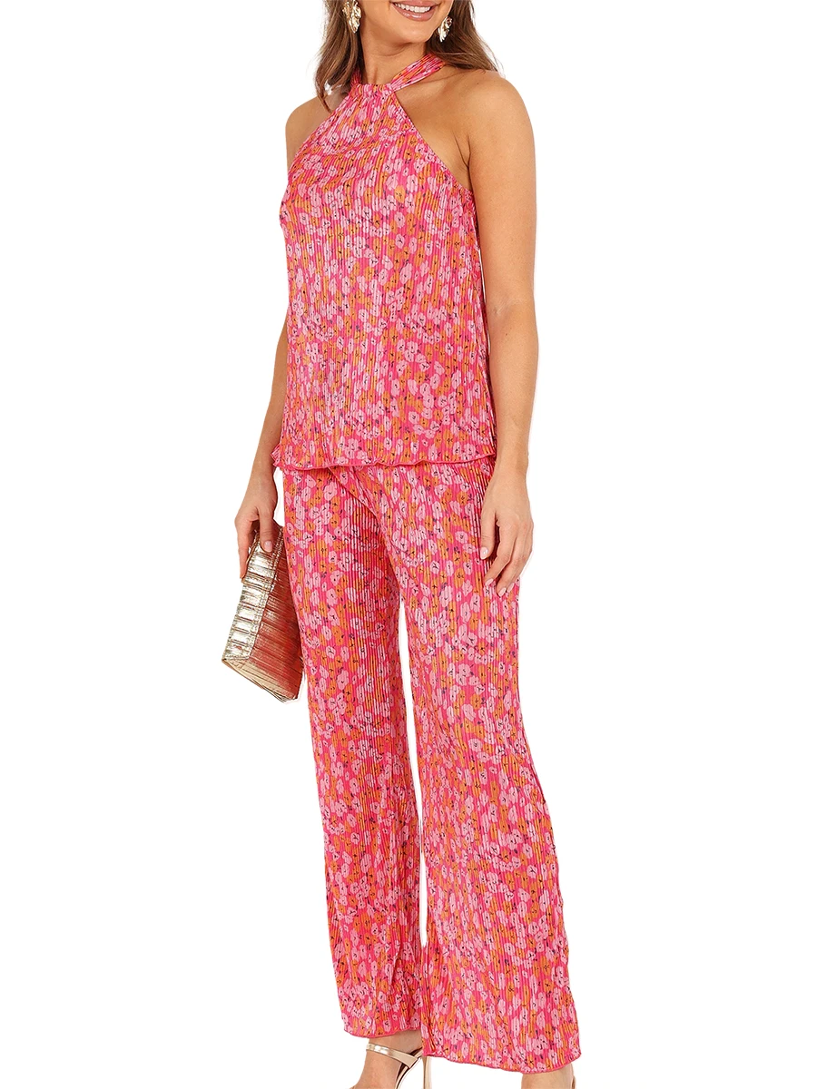 

Women s 2 Piece Casual Outfits Sleeveless Halter Neck Tank Tops Solid Color Floral Pants Sets Streetwear