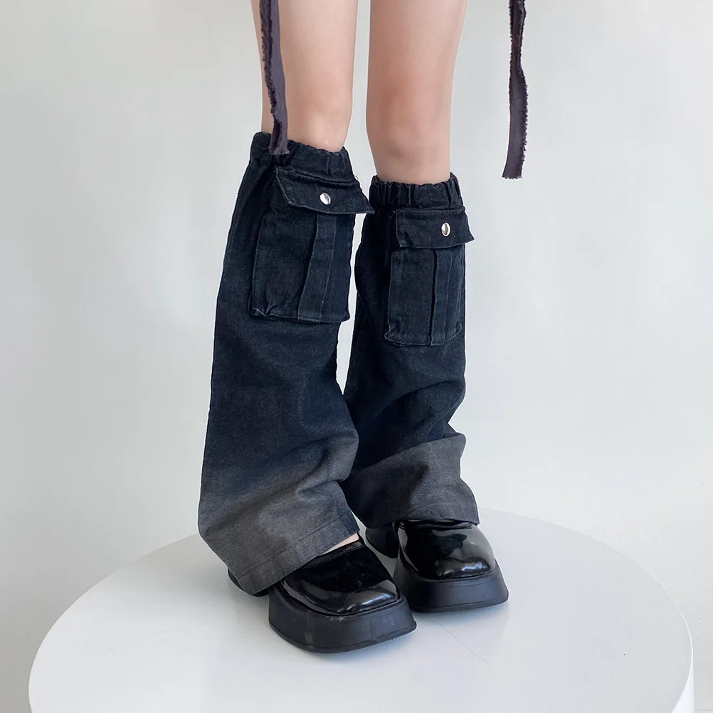 

2023 Punk Personalized Leg Covers Design Vintage Denim Fabric Harajuku Leg Warmers Pocket Gothic Stacked Leg Socks for Women Men