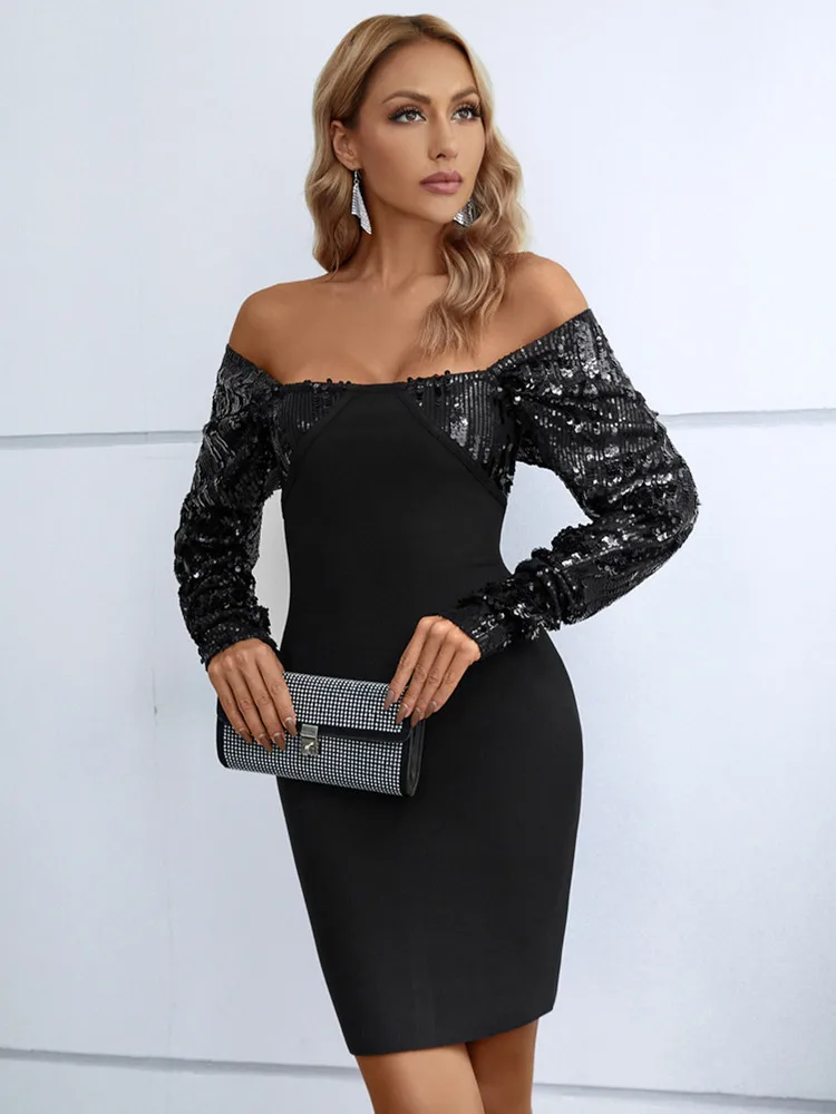 

Laura Kors 2023 Summer Women Off Shoulder Sequins Long Sleeve Black Mini Bodycon Bandage Dress Evening Club Party Dress
