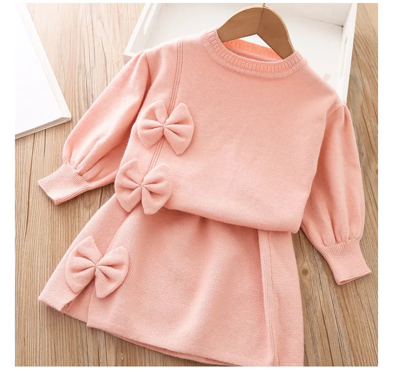 Baby Girls Clothes Set Sweet Princess Outfits Autumn Winter Kids Girls Long sleeve knitted lovely printed sweater+ dress 2pcs born baby dress