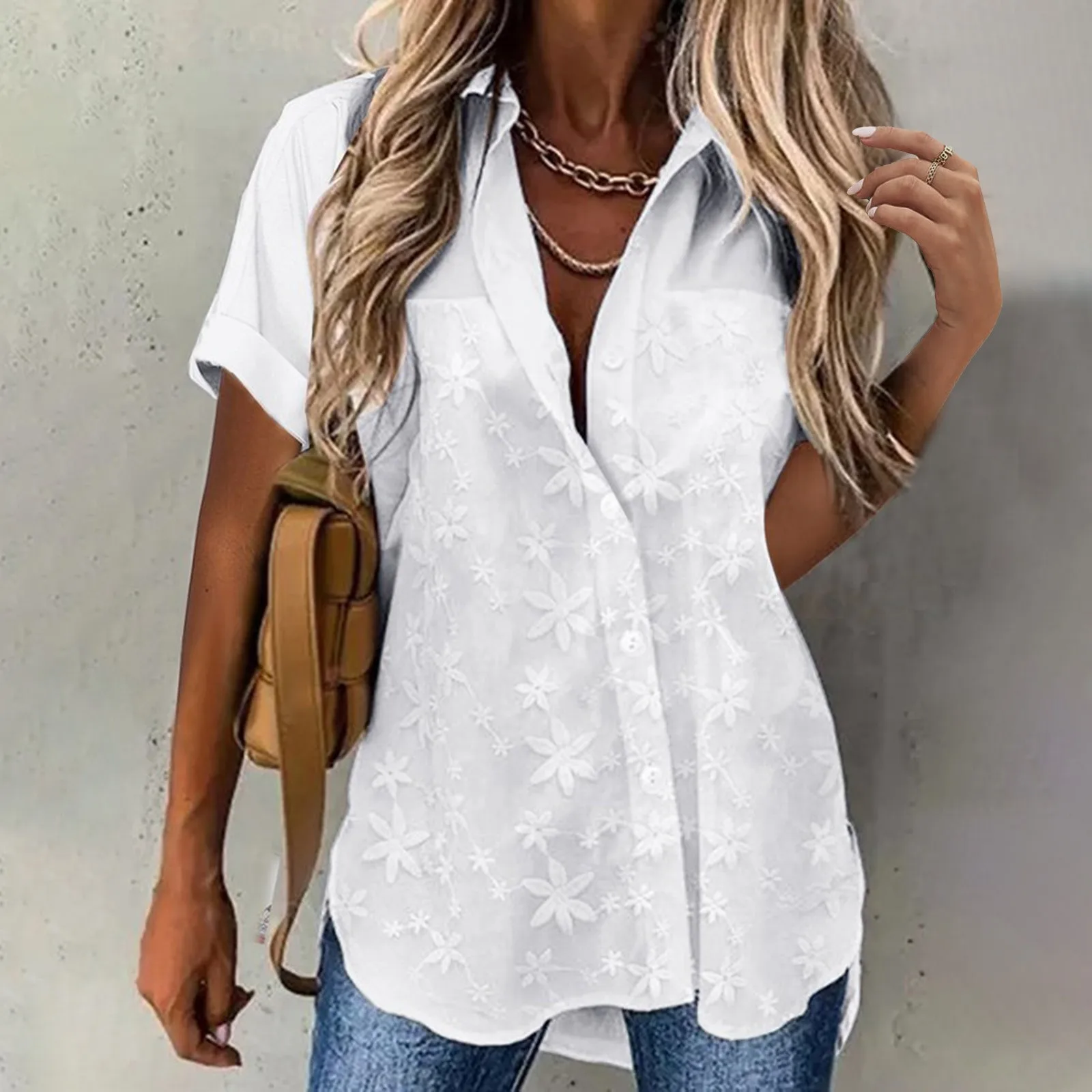 

Fashion Woman Blouses 2023 White Floral Contrast Lace Short Sleeve Top Casual Turn-Down Collar Button Daily Shirts Woman Clothes