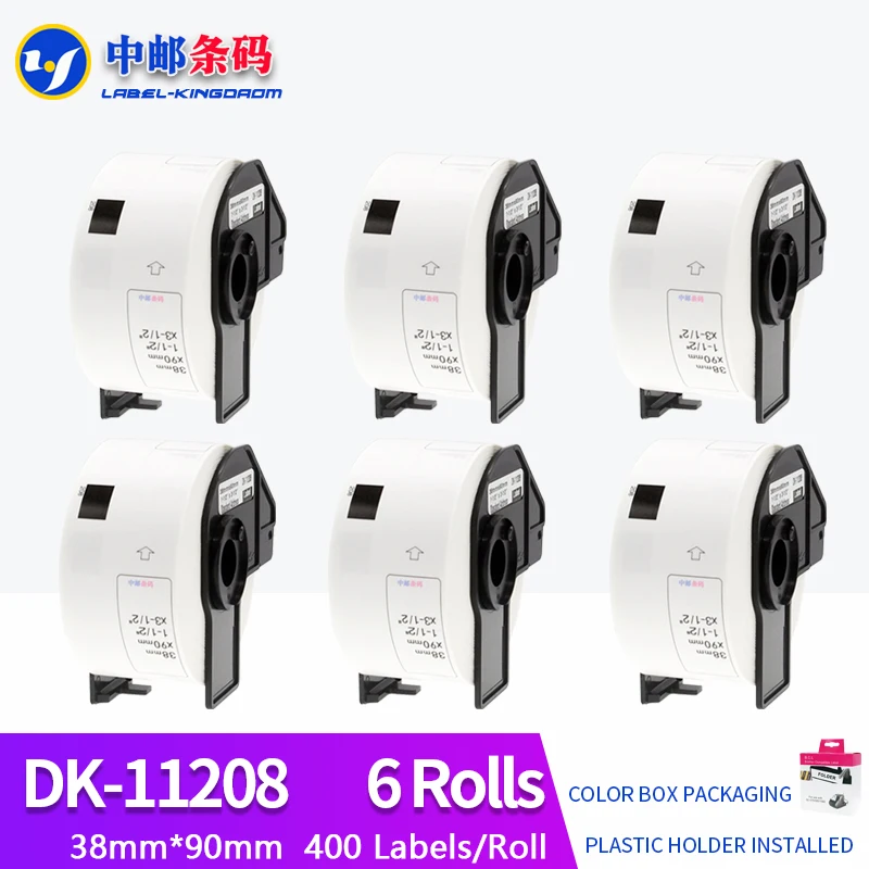 

6 Rolls Compatible DK-11208 Label 38*90mm 400Pcs for Brother QL-700/800/1060/1100 Thermal Printer All Include Plastic Holder