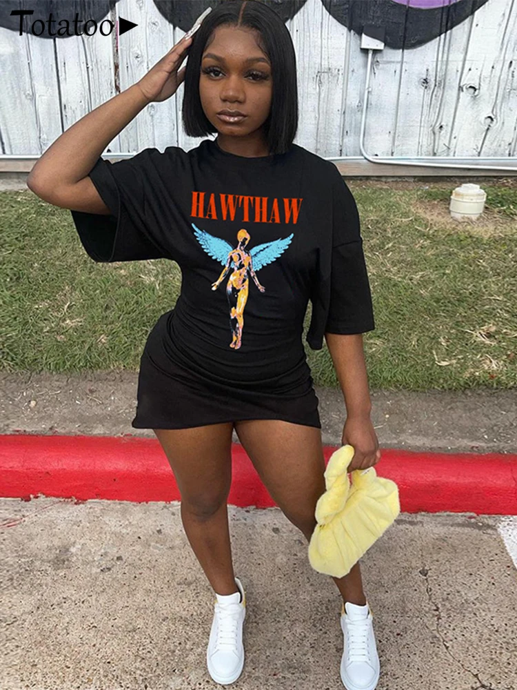 

Totatoop-Женское черное платье-рубашка, круглый вырез, короткий рукав, асимметричное облегающее платье, мини-платье, повседневная ткань, летняя мода, 2024 г.