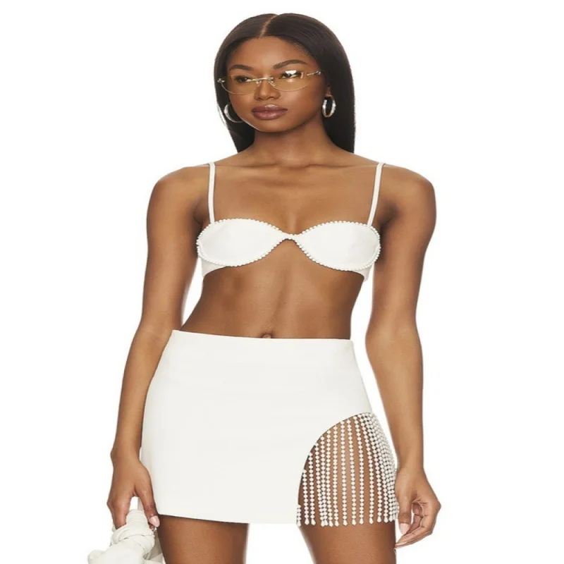

2023 New Bandage Skirt Set Popular European and American Sexy Pearl Tassel Ultra Short Two-Piece Set