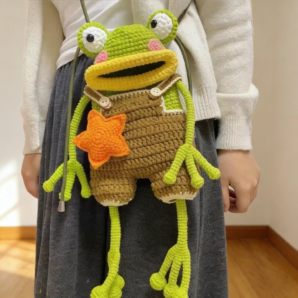 큰 입 개구리 손으로 짠 DIY 재료 가방, 휴대폰 보관 가방 DIY 재료, 크로 셰 뜨개질 휴대폰 가방 (완제품 아님)