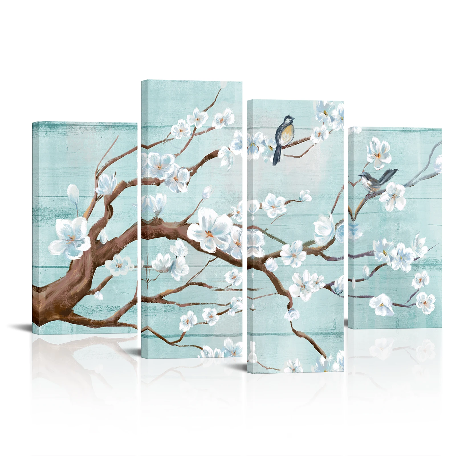 

4 Pieces Flowers and Birds Home Decor Poster White Flowers Print Canvas Painting Modern Style Picture Living Room Wall Art