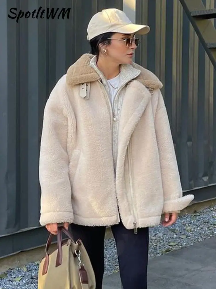

Women Patchwork Lamb Wool Fluffy Jacket Casual Loose Lapel Long Sleeve Zipper Fleece Coats Winter Female Street Thick Outerwear