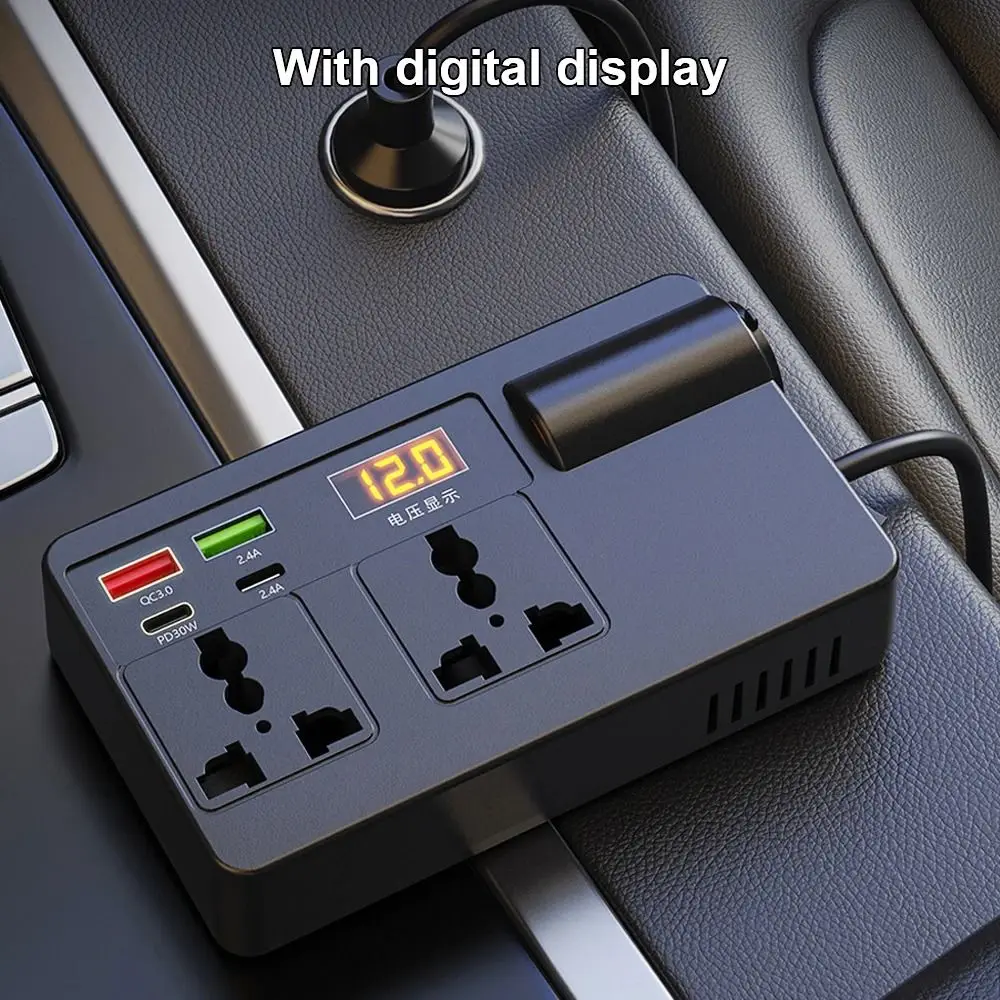 유니버설 차량용 인버터 고출력 DC 12V/24V - AC 220V 전원 어댑터 디지털 디스플레이 QC 3.0 USB/PD/타입 C 충전기 차량용 컨버터