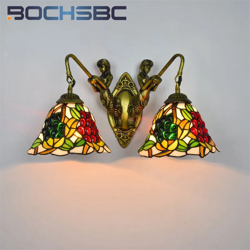 

BOCHSBC Tiffany style stained glass 8-inch American Garden Red grape double head wall lamp dining room bedroom hallway LED decor