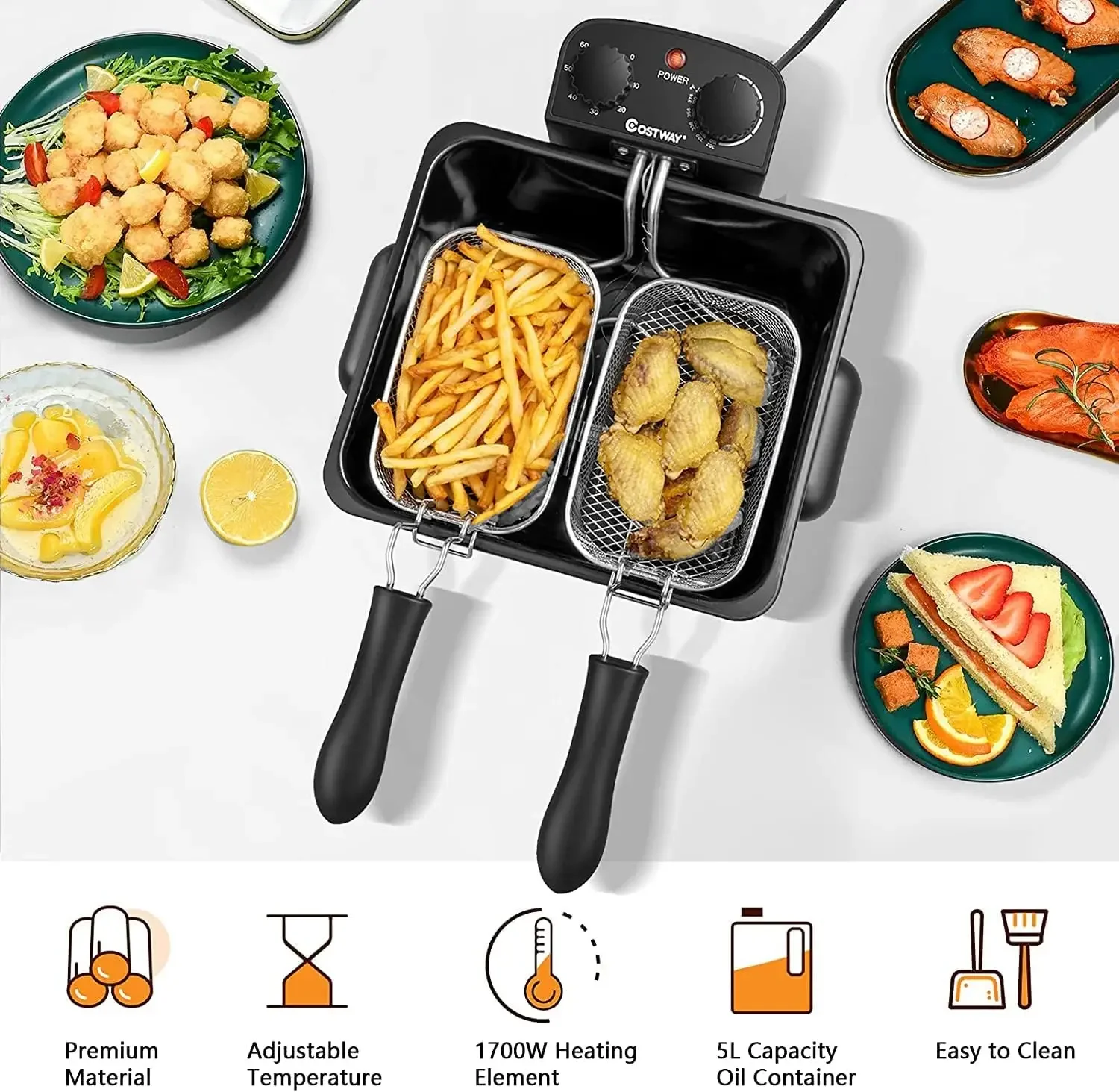 Electric Deep Fryer with 3 Baskets, 5L Stainless Steel Deep Fryer w/60 timer & Lid with view window, Home Countertop 2