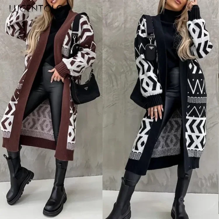 

Women New Knitted Sweater Cardigan Geometric Autumn Winter Female Casual Loose Fashion Long Cosy Clothing